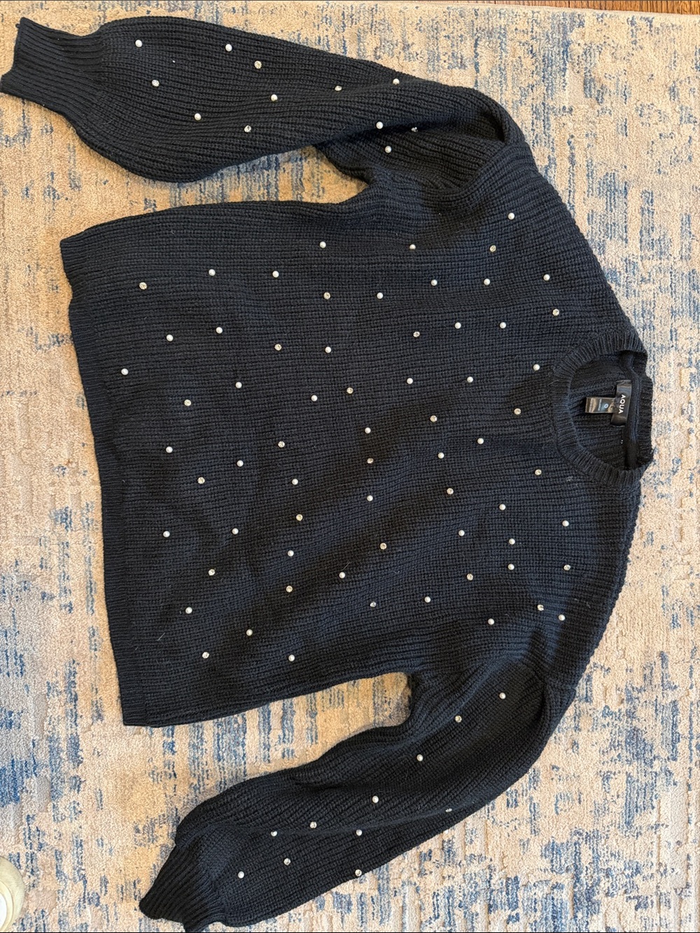Aqua Black Crewneck Sweater with Pearl Studs